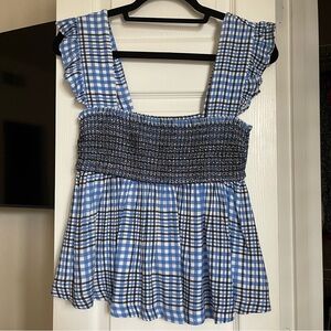 Urban Outfitters Smocked Gingham Flutter Sleeve Top - M